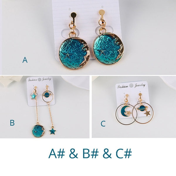 Korea Style Asymmetrical Fresh Enamel blue Star Moon Planet Circle Clip on Earrings Non Pierced For Girl Women Party Gift