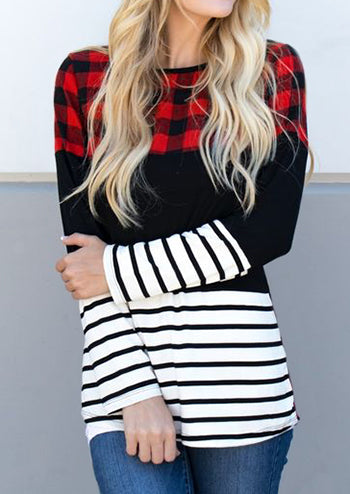Women Plaid Splicing Striped Long Sleeve T-shirt Female Spring Fall Harajuku Ulzzang Casual Tee 2019 Lady Trendy Korean Clothes